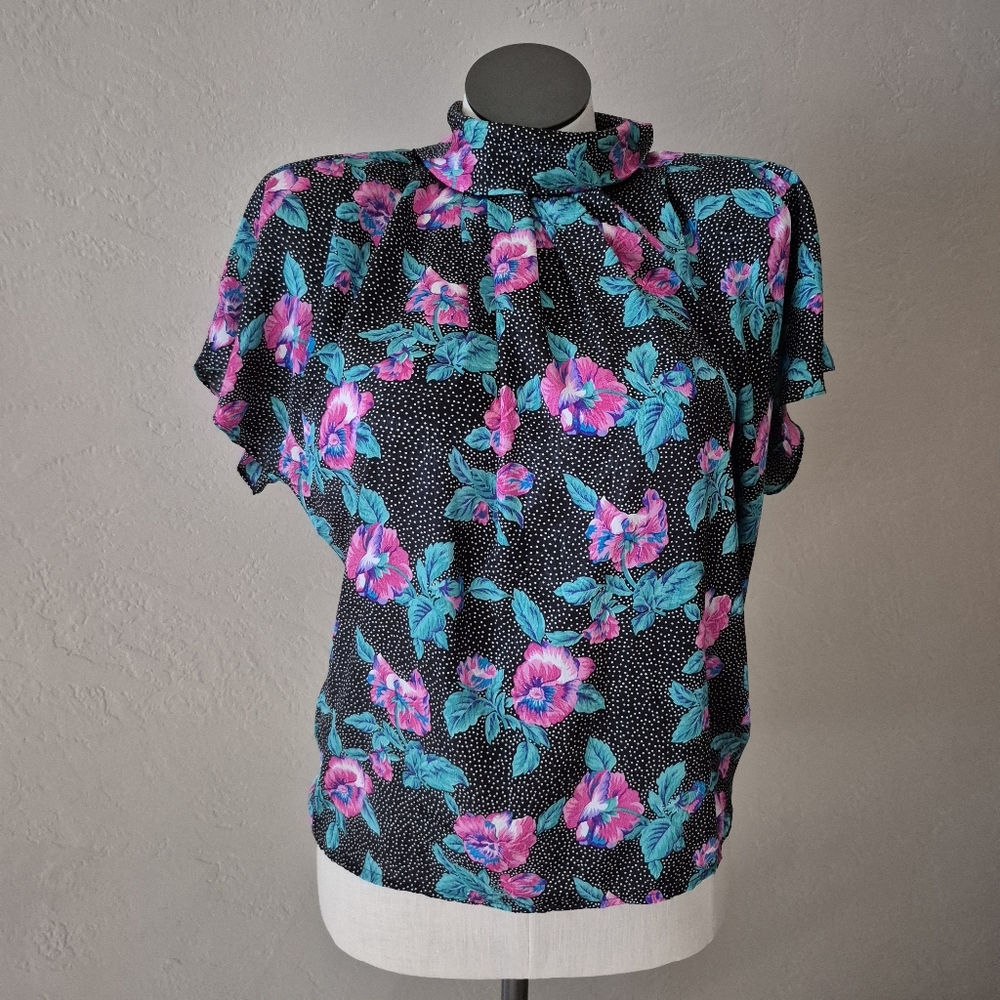 Vintage 80s Pink Floral And Dots Black Blouse Women's Top 12 - Picture 1 of 9